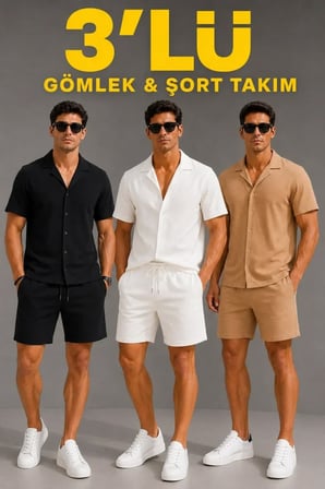Erkek 3’lü Krep Kumaş Cepli Gömlek Şort Takım Kısa Kollu Bağcıklı - Siyah , Beyaz , Bej -MİRAYLİFE
