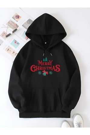 Yılbaşı Merry Christmas Baskılı Oversize Kapüşonlu Sweatshirt Hoodie - Siyah -MİRAYLİFE