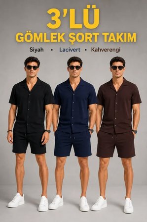 Erkek 3’lü Krep Kumaş Cepli Gömlek Şort Takım Kısa Kollu Bağcıklı - Siyah , Lacivert , Kahverengi -MİRAYLİFE