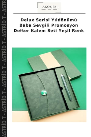 Delux Serisi Yıldönümü Baba Sevgili Promosyon Defter Kalem Seti Yeşil Renk