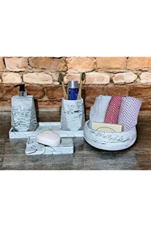 Trendy Mermer Temalı Beton Banyo Aksesuar Seti (5 Parça)