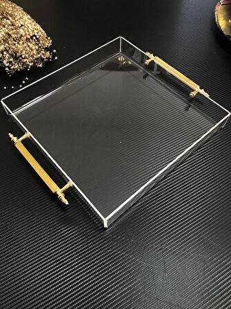 Gold Tutma Detaylı Pleksiglass Tepsi 30x30 Cm, Sofra, Mutfak, Kahve Tepsi, Sunumluk Tepsi