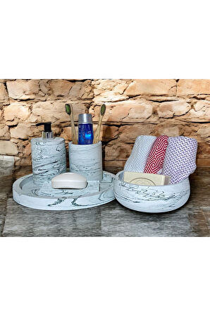 Doğal Mermer Yüzeyli Beton Banyo Aksesuar Seti (5 Parça)