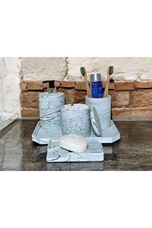 Elegan Mermer Desenli Beton Banyo Aksesuar Seti (5 Parça)