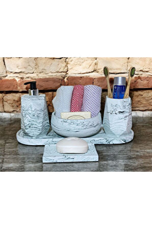 Mermer Esintili Modern Beton Banyo Aksesuar Seti (5 Parça)