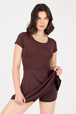 U Yaka Kısa Kollu Şortlu Mini Elbise