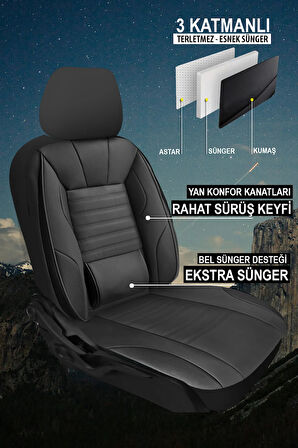 Ford Taunus  Uyumlu 5 KOLTUK TAM SET DERİ BEL DESTEKLİ OTO KOLTUK KILIFI SİYAH