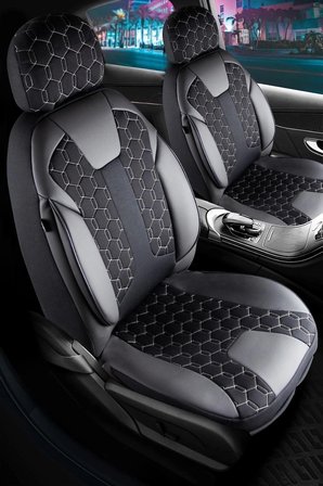 Isuzu D-Max Yeni Uyumlu Deri Detaylı Oto Koltuk Kılıfı Ön Arka Set Cyrus Model Siyah Beyaz FS