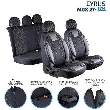 Isuzu D-Max Yeni Uyumlu Deri Detaylı Oto Koltuk Kılıfı Ön Arka Set Cyrus Model Siyah Beyaz FS