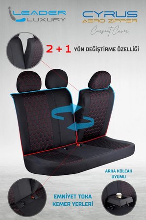 
Renault Fluence Uyumlu Deri Detaylı Oto Koltuk Kılıfı Ön Arka Set Cyrus Model Siyah Kırmızı FS