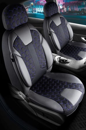 Kia X Ceed Uyumlu Deri Detaylı Oto Koltuk Kılıfı Ön Arka Set Cyrus Model Siyah Mavi FS