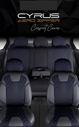 Toyota Rav4 Uyumlu Deri Detaylı Oto Koltuk Kılıfı Ön Arka Set Cyrus Model Siyah Mavi FS