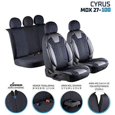 Toyota Rav4 Uyumlu Deri Detaylı Oto Koltuk Kılıfı Ön Arka Set Cyrus Model Siyah Mavi FS