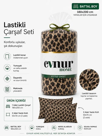 Evnur Home Leoparlı Lastikli Çarşaf Seti Battal Boy