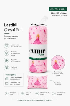 Prenses Desenli Tek Kişilik Lastikli Çarşaf Seti