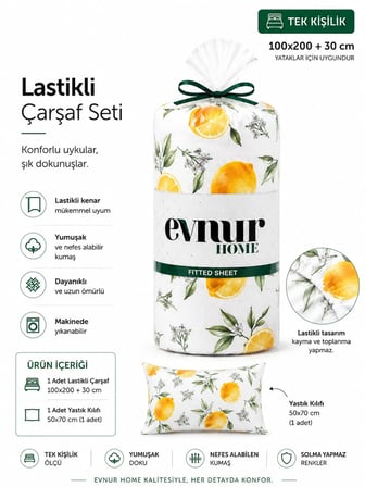 Evnur Home Limonlu Lastikli Çarşaf Seti Tek Kişilik