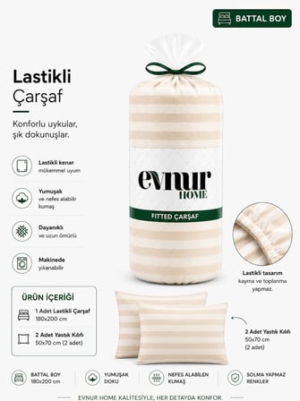  Evnur Home Çizgili Lastikli Çarşaf Seti Battal Boy