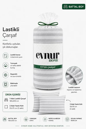  Evnur Home Çizgili Lastikli Çarşaf Seti Battal Boy
