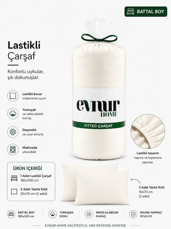  Evnur Home Çizgili Lastikli Çarşaf Seti Battal Boy