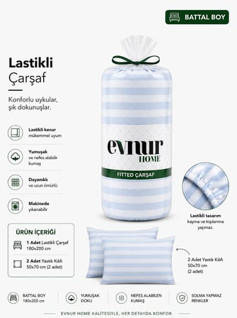  Evnur Home Çizgili Lastikli Çarşaf Seti Battal Boy