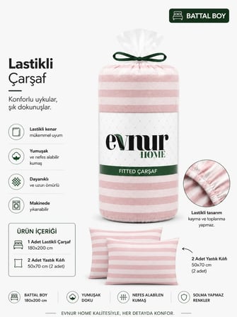  Evnur Home Çizgili Lastikli Çarşaf Seti Battal Boy