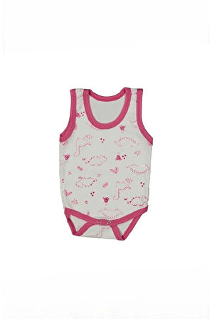 %100 Pamuk Geniş Askılı Dinazorlu Çıtçıtlı Bebe Zıbın 0-36 Ay Fuşya 118755-F