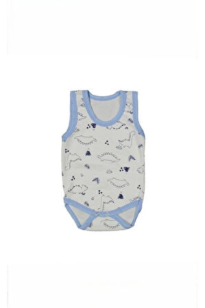 %100 Pamuk Geniş Askılı Dinazorlu Çıtçıtlı Bebe Zıbın 0-36 Ay Mavi 118755-M