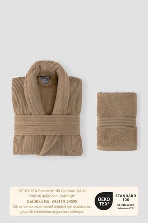 Çizgili Bornoz Seti %100 Pamuk Sertifikalı, Unisex, Şalyaka Çizgili Tasarım Bornoz Kafa Havlusu