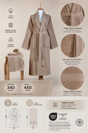 Çizgili Bornoz Seti %100 Pamuk Sertifikalı, Unisex, Şalyaka Çizgili Tasarım Bornoz Kafa Havlusu