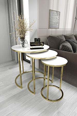  3' lü C Zigon Sehpa Gold Ayak Beyaz Ayna