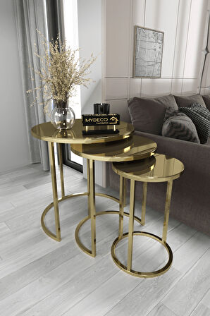 3' lü C Zigon Sehpa Gold Ayak Bronz Ayna 
