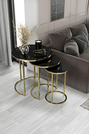 3' lü C Zigon Sehpa Gold Ayak Siyah Ayna