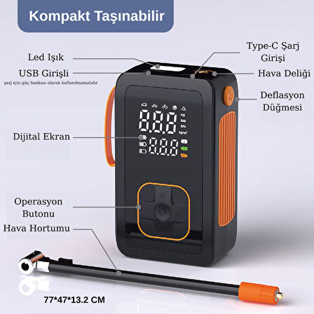 Şarjlı Powerbank özellikli LastikHava Kompresörü Hava Pompası