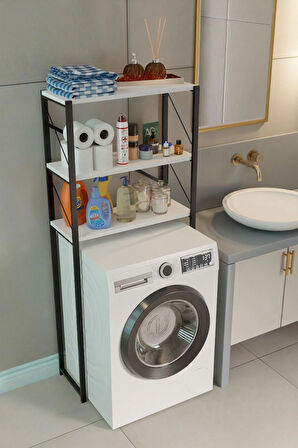 Çamaşır Makinesi Üstü Banyo Rafı – 3 Katlı Metal Gövdeli Düzenleyici, Depolama ve Organizer (66x25x151 cm)
