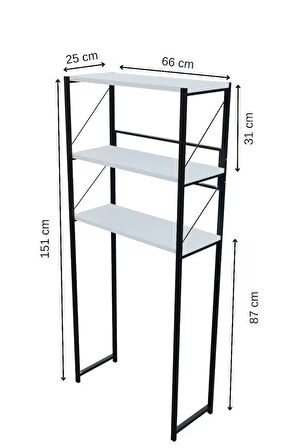 Çamaşır Makinesi Üstü Banyo Rafı – 3 Katlı Metal Gövdeli Düzenleyici, Depolama ve Organizer (66x25x151 cm)