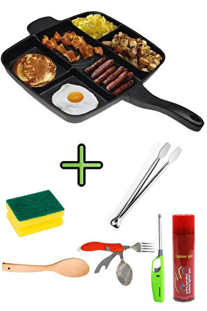 5 Gözlü Granit Döküm Tava + Bulaşık Süngeri + Maşa+ Kaşık + Çakmak + Gaz + Çatal Kaşık Bıçak Seti