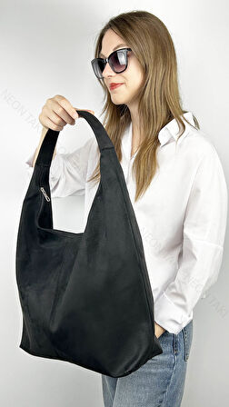 Salaş Süet Omuz Çantası, Çanta 76, Siyah Renk