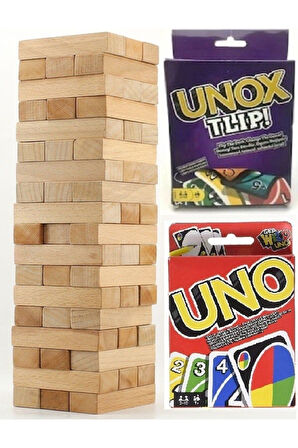 Çocuk Gelişim Oyuncaklar Hece 54 Parça Ahşap Jenga Denge Oyunu + Uno Kart Oyunu + Unox Flip Kart Oyu