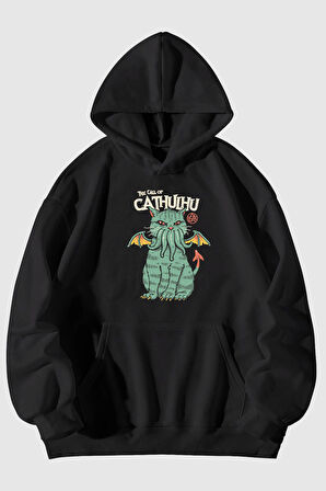 Baskılı Unisex Siyah Kanguru Cepli Kapüşonlu Sweatshirt Hoodie | XL
