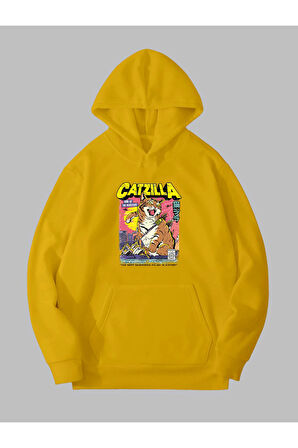 Üç İplik Catzilla Baskılı Unisex Sarı Kanguru Cepli Kapüşonlu Sweatshirt Hoodie | S