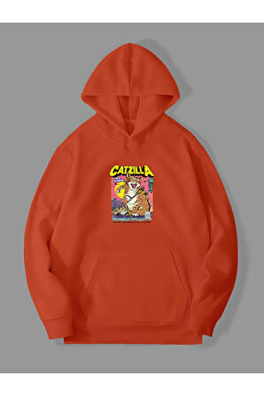 3 İplik Catzilla Baskılı Turuncu Kanguru Cepli Kapüşonlu Sweatshirt Hoodie | S
