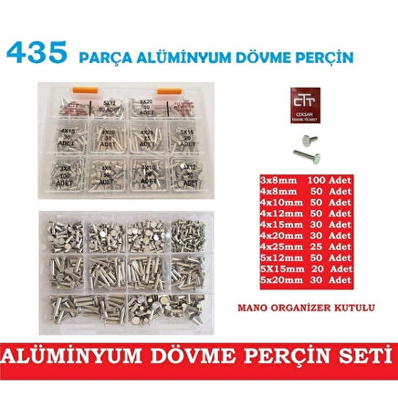 Alüminyum Dövme-Ezme Perçin Seti 435 Parça -Farklı Ölçülerde 