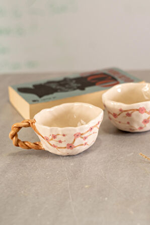 Sakura Desenli Fincan | Çay Kahve Fincanı | El Yapımı Seramik Kahve Fincanı