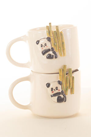 Panda ve Bambu Kahve Kupası | Kabartmalı Kahve Kupası | El Yapımı Seramik Kahve Kupası | Eğlenceli 