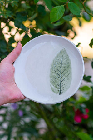 Yaprak Desenli Tabak, El Yapımı Seramik Tabak, Dekoratif Tabak, 20 cm Tatlı Tabağı
