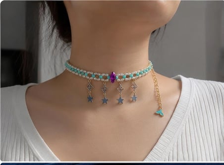 Turkuaz Taşlı ve Kristalli Deniz Kızı Kuyruklu Choker Kolye
