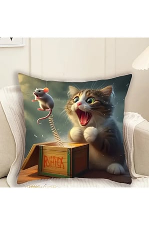 1 adet Fantastik Kedi & Fare Peluş Yastık Kılıfı 44.96cm x 44.96cm - Fransız Tarzı