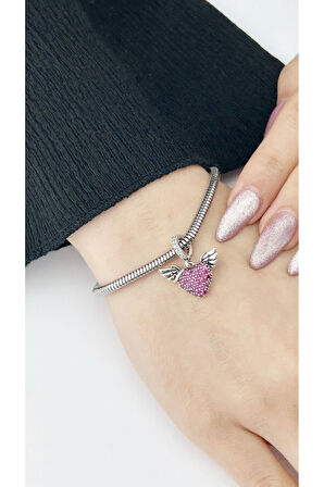 Melek Kanatlı Ve Kalp , Sallantılı, Pan Bileklik Çelik Charm 10, Gümüş Renk (BİLEKLİK DAHİL DEĞİL)