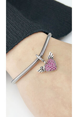 Melek Kanatlı Ve Kalp , Sallantılı, Pan Bileklik Çelik Charm 10, Gümüş Renk (BİLEKLİK DAHİL DEĞİL)