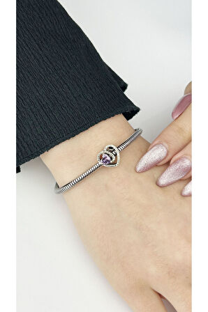 Kalp, Mor Zirkon Taşlı Sonsuz Aşk Pan Bileklik için Çelik Charm 15 Gümüş Renk, BİLEKLİK DAHİL DEĞİL